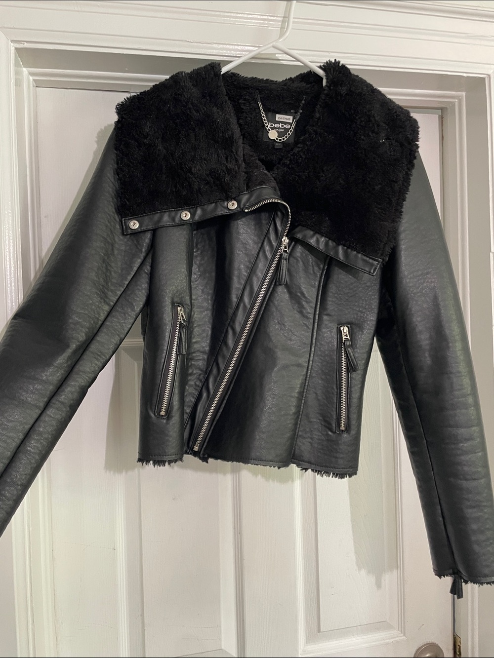 bebe Black Faux Leather Moto Jacket with Plush Collar